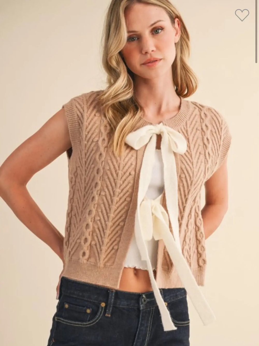 Klesis Tie-Front Cable Knit Sleeveless Sweater Vest in Beige